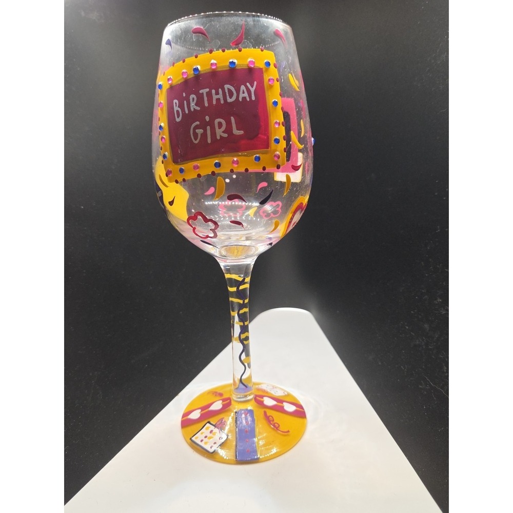 Lolita Birthday Girl Wine Glass Hand Painted 15 oz  Party Glassware EUC‎
